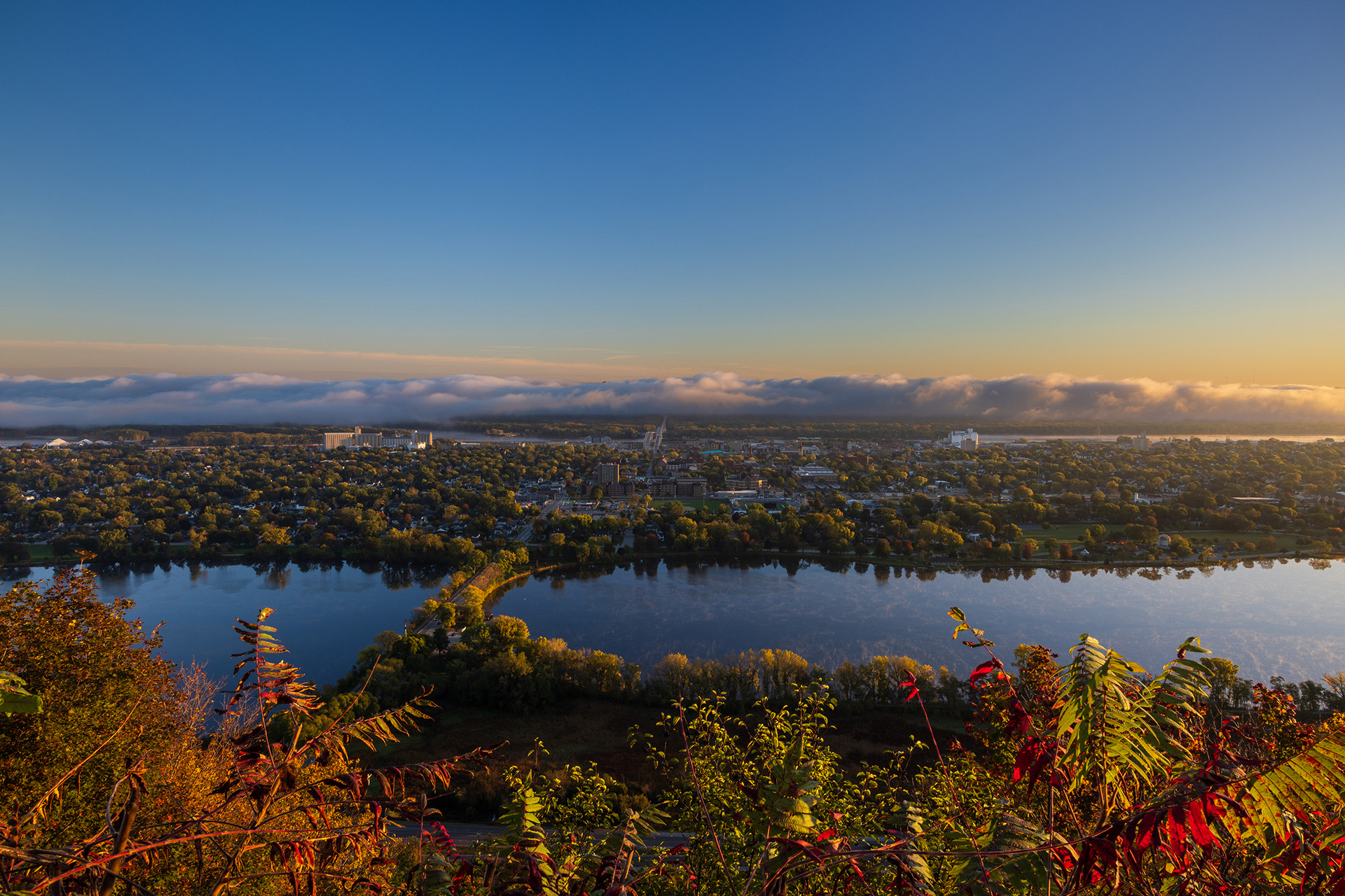 Aerial view of Winona and the Mississippi River at sunrise